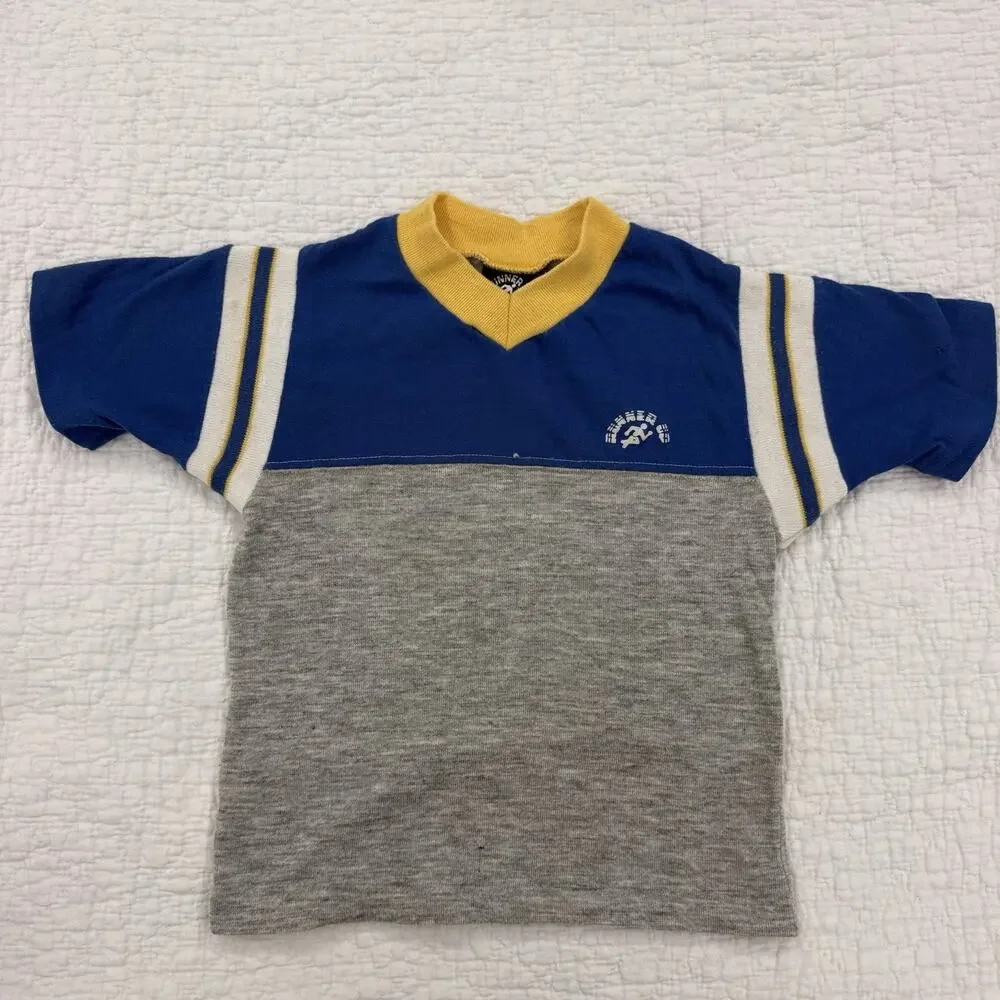 Vintage Kids Short Sleeve V-Neck Shirt Blue/Gray/Yellow Size 6 USA